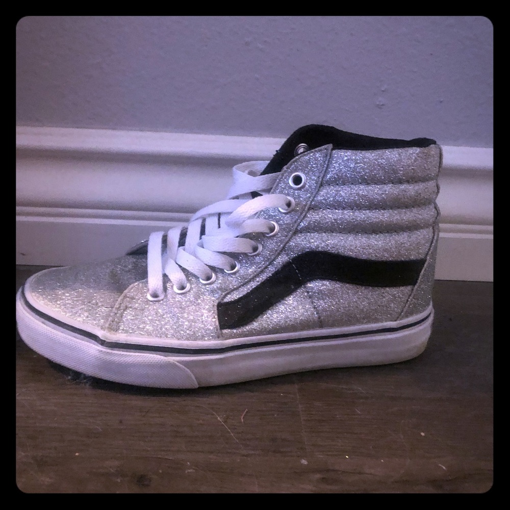 Silver and black glitter high top vans